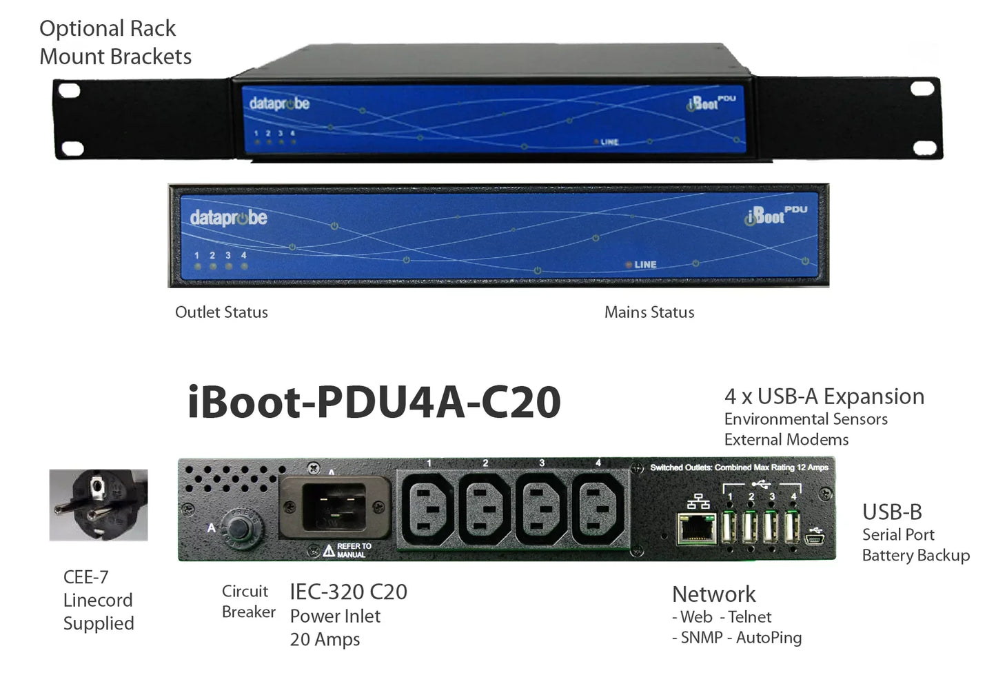 Dataprobe iBoot-PDU4A-C20 Remote Power Cycle PDU. UL Listed. Network-managed remote power reboot.
