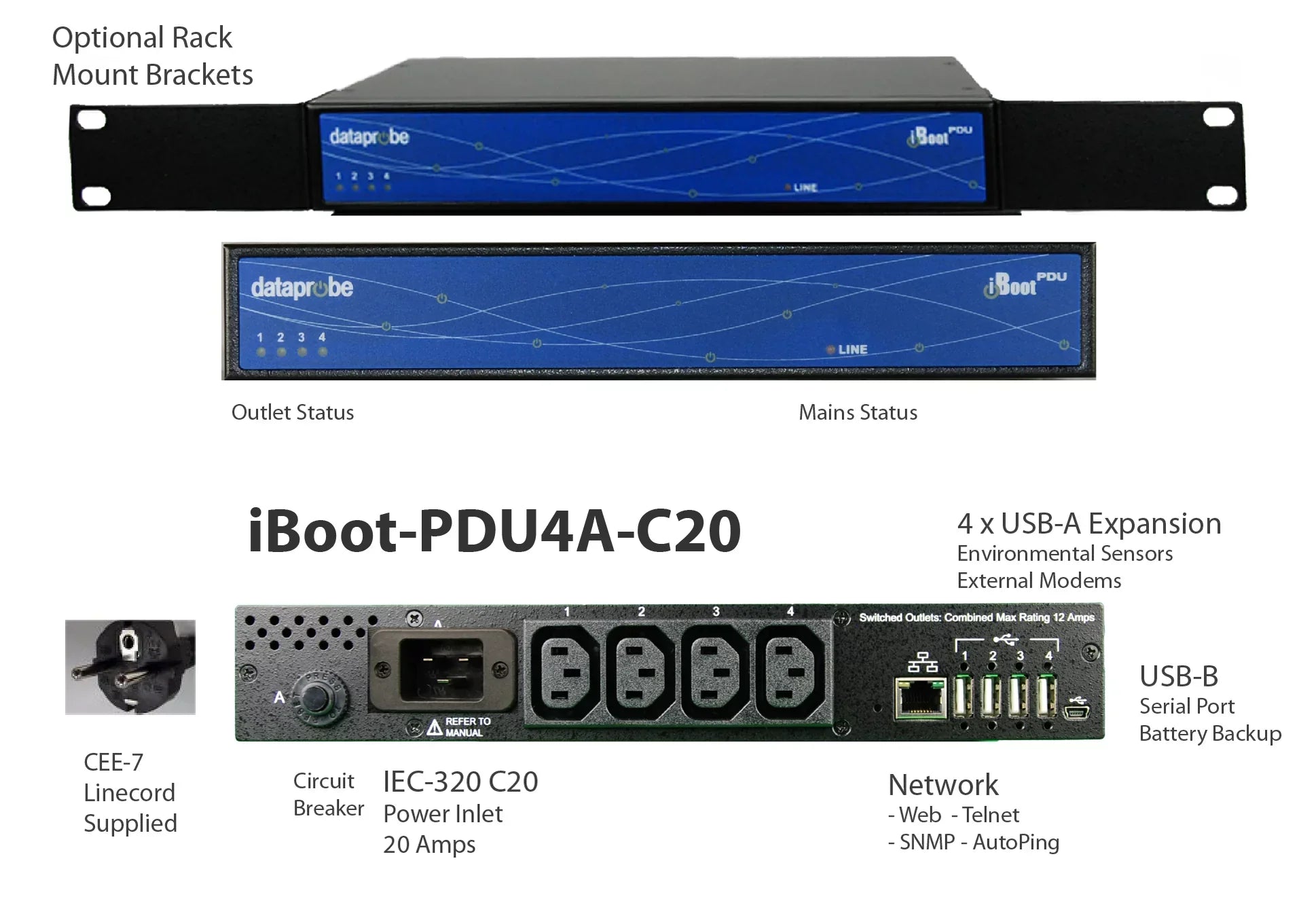 Dataprobe iBoot-PDU4A-C20 Remote Power Cycle PDU. UL Listed. Network-managed remote power reboot.