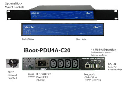 Dataprobe iBoot-PDU4A-C20 Remote Power Cycle PDU. UL Listed. Network-managed remote power reboot.