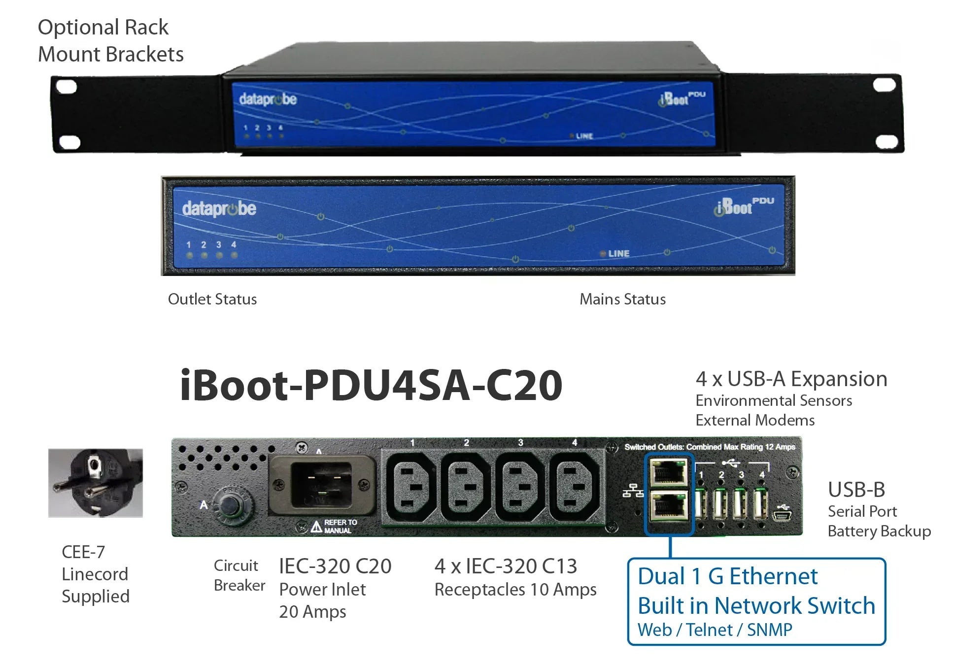Dataprobe iBoot-PDU4SA-C20 Remote Power Cycle PDU. UL Listed. Network-enabled remote power reboot/restart.