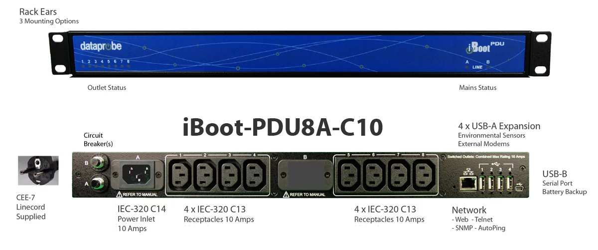 Dataprobe iBoot-PDU8A-C10 Remote Power Cycle PDU. UL Listed. Remote power management, reboot/restart capabilities.