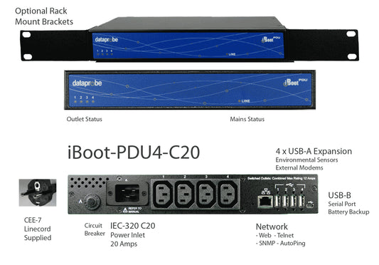 iBoot-PDU4-C20/iBoot-PDU with 4 individually controllable power outlets, ideal for global data centers and server rooms.